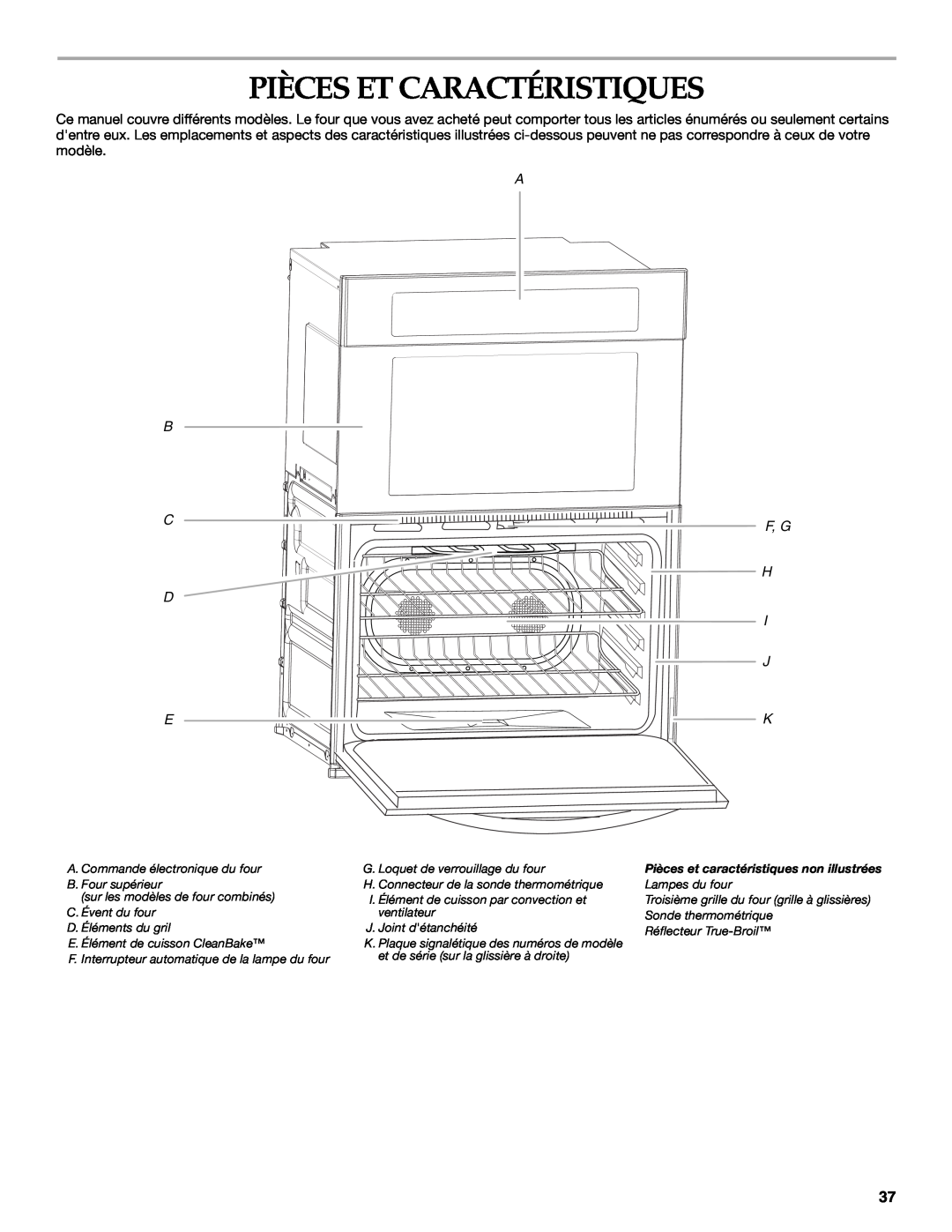 KitchenAid KEHU309 manual Pièces Et Caractéristiques, F, G, Pièces et caractéristiques non illustrées 