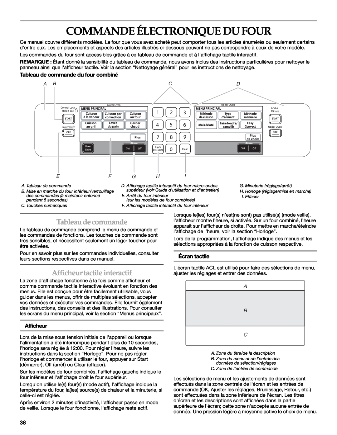 KitchenAid KEHU309 Commande Électronique Du Four, Tableaudecommande, Afficheurtactile interactif, Écran tactile, A B C 