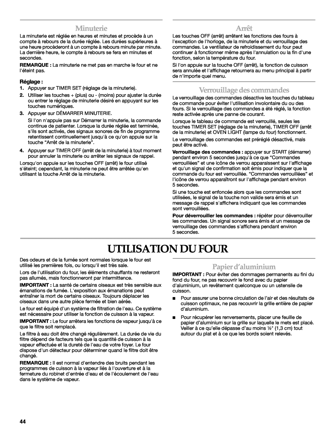 KitchenAid KEHU309 manual Utilisation Du Four, Minuterie, Verrouillagedescommandes, Papierd’aluminium, Arrêt, Réglage 