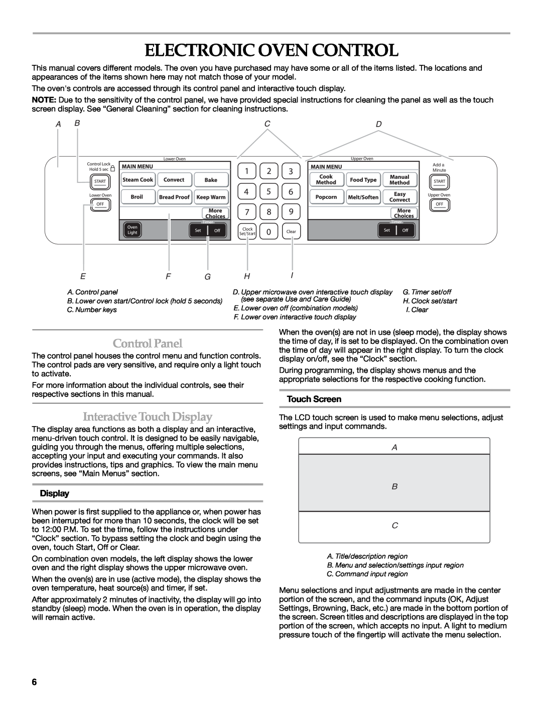KitchenAid KEHU309 manual Electronic Oven Control, ControlPanel, InteractiveTouchDisplay, Touch Screen, A B C 