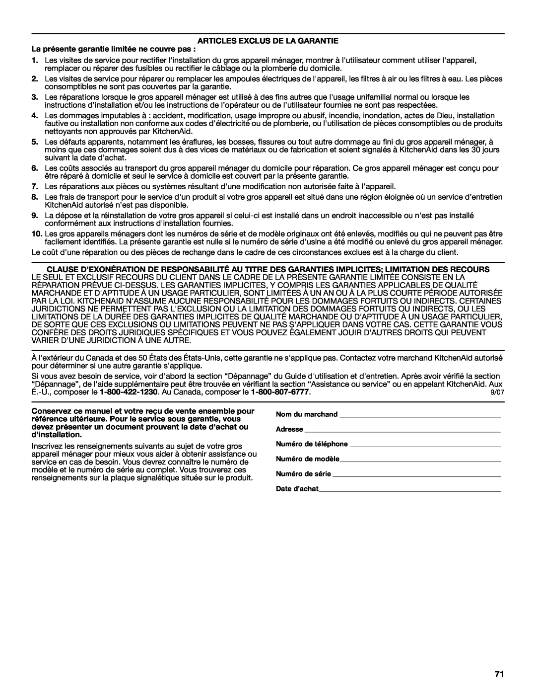 KitchenAid KEHU309 manual Articles Exclus De La Garantie, La présente garantie limitée ne couvre pas 