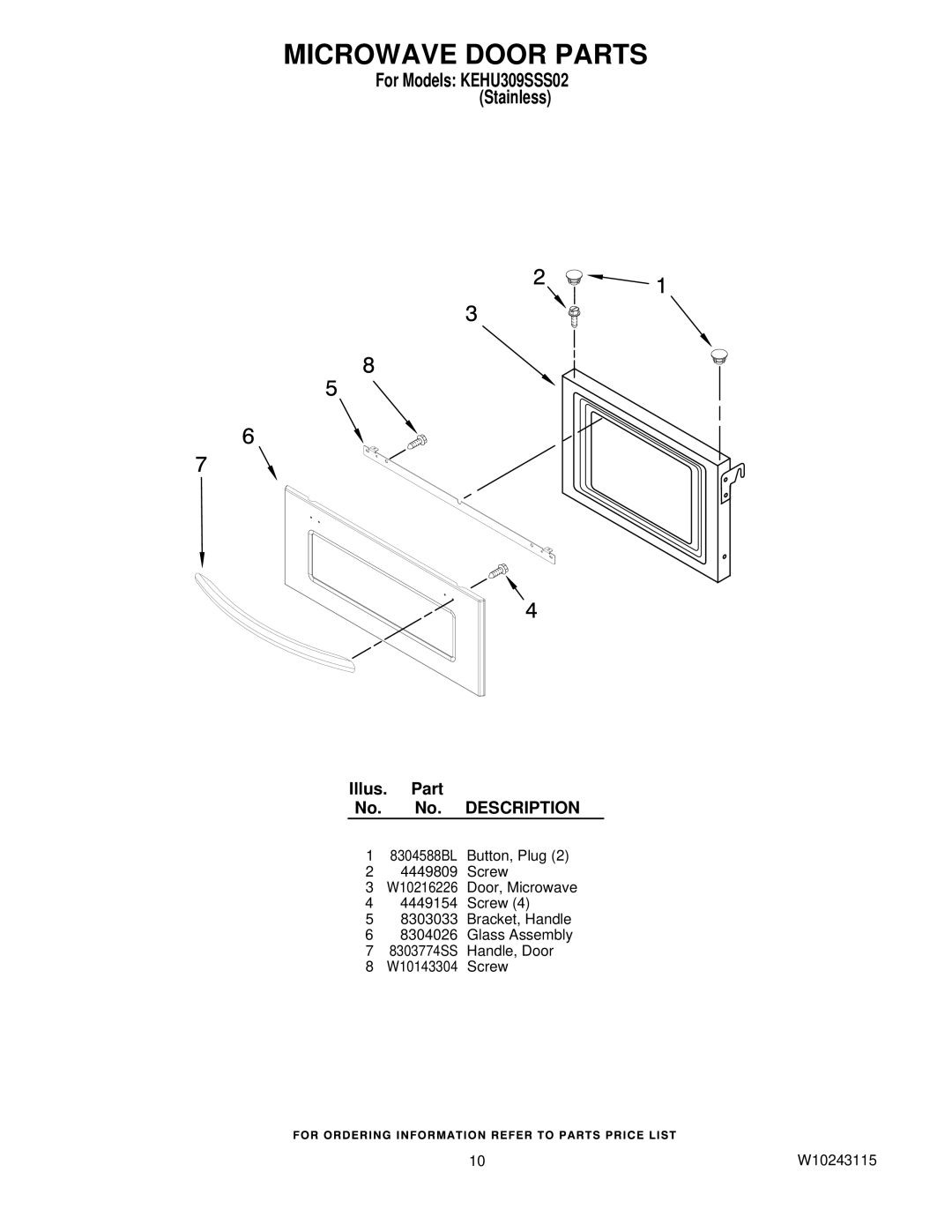 KitchenAid KEHU309SSS02 manual Microwave Door Parts 