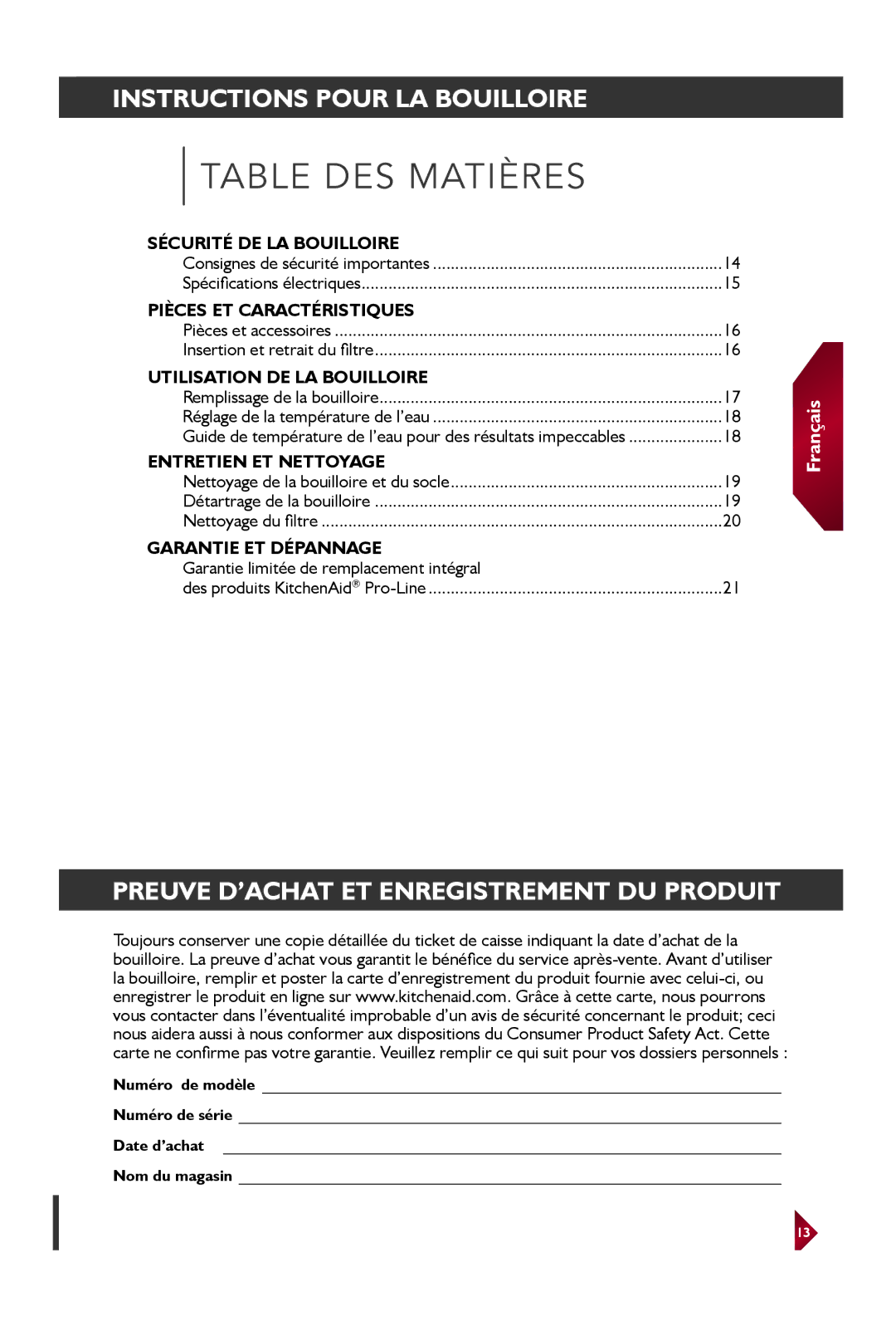 KitchenAid KEK1522 manual Preuve D’ACHAT ET Enregistrement DU Produit, Garantie limitée de remplacement intégral 