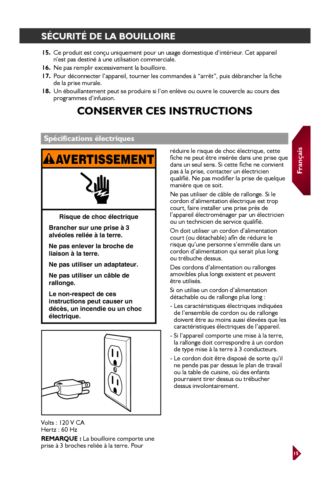 KitchenAid KEK1522 manual Spécifications électriques, Volts 120 V CA Hertz 60 Hz 