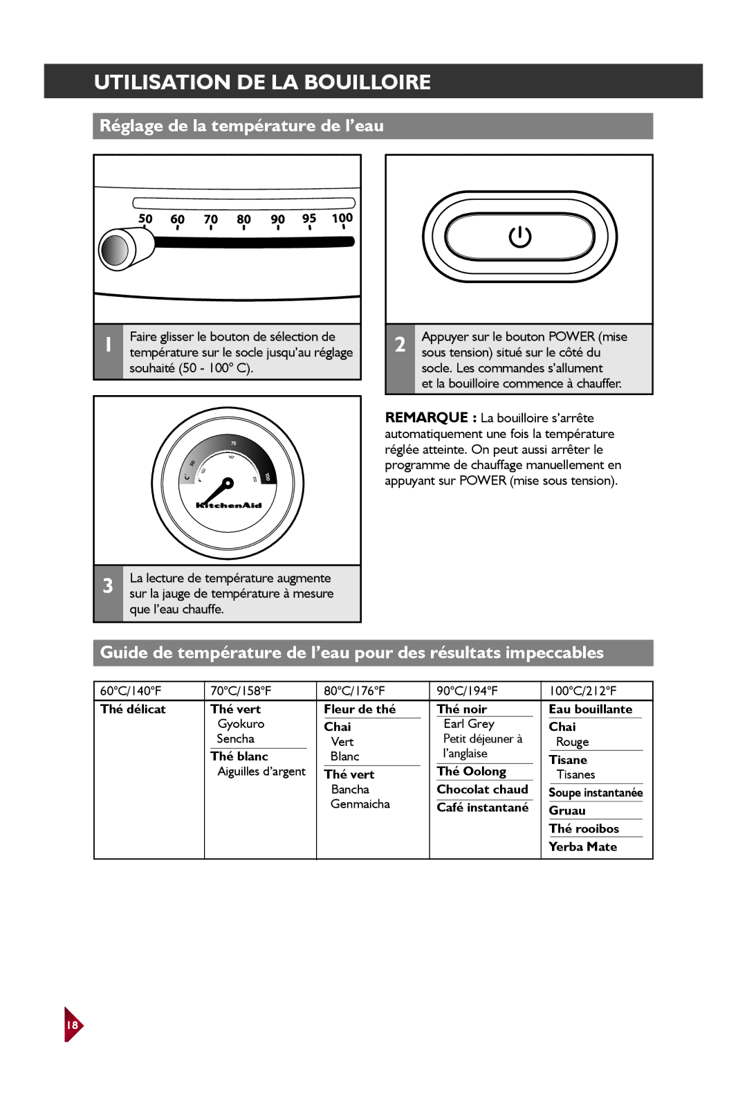 KitchenAid KEK1522 manual UTILISATIONcmd + shiftDEclickLA BOUILLOIREto change copy, Réglage de la température de l’eau 