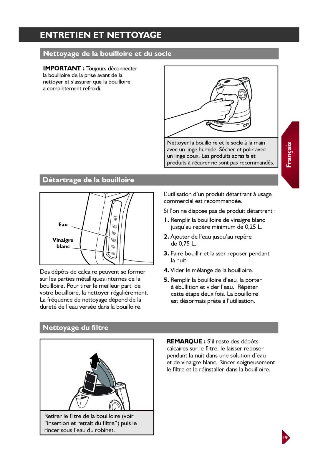 KitchenAid KEK1522 manual ENTRETIENcmd + shiftETclickNETTOYAGEto change copy, Nettoyage de la bouilloire et du socle 