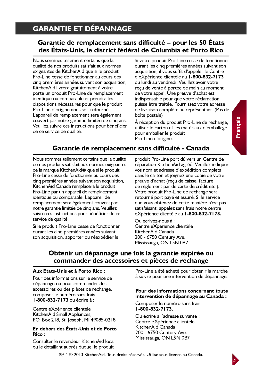 KitchenAid KEK1522 Pro-Line d’origine, Ou écrivez-nous à, Aux États-Unis et à Porto Rico, Composer le numéro sans frais 