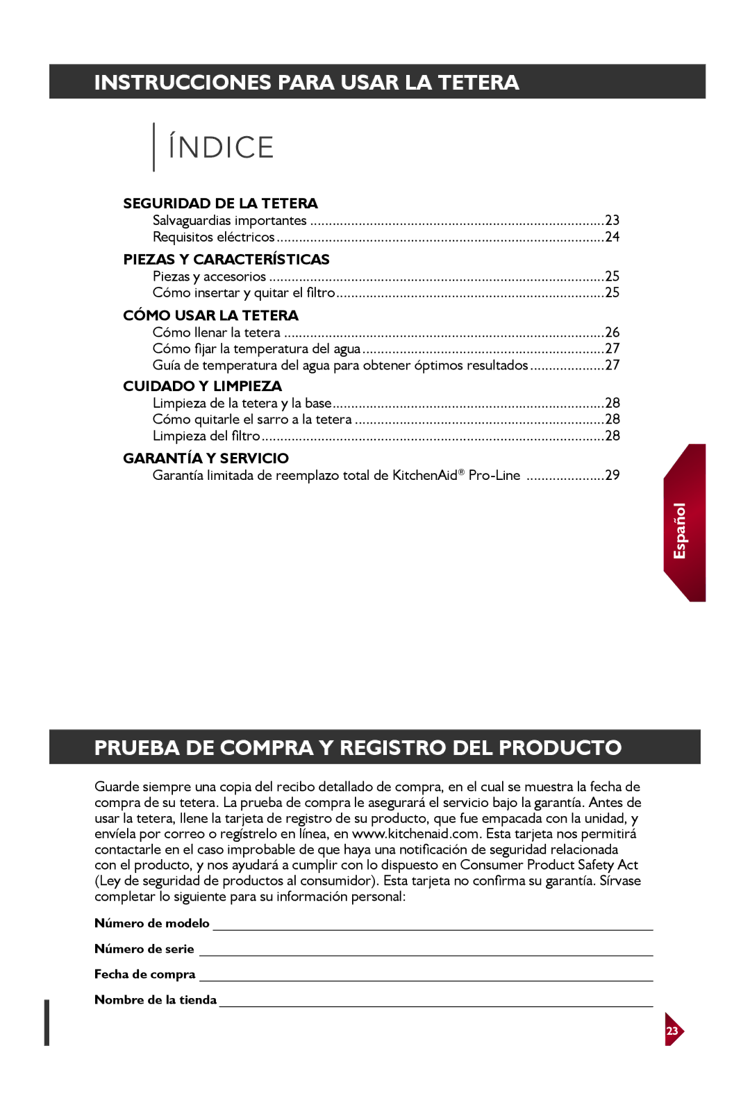 KitchenAid KEK1522 manual Instrucciones Para Usar LA Tetera, Prueba DE Compra Y Registro DEL Producto 