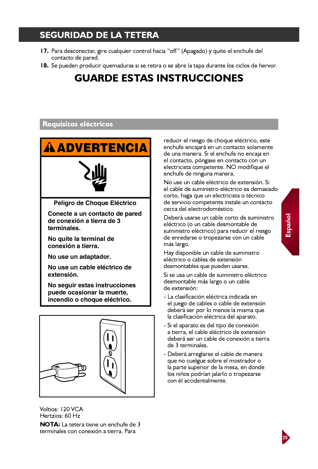 KitchenAid KEK1522 manual Requisitos eléctricos, Voltios 120 VCA Hertzios 60 Hz, No use un cable eléctrico de extensión. Si 