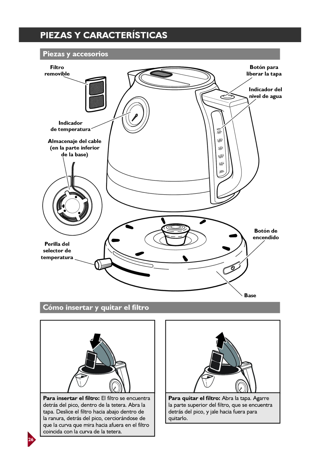 KitchenAid KEK1522 manual Piezas Y Características, Piezas y accesorios, Cómo insertar y quitar el filtro 