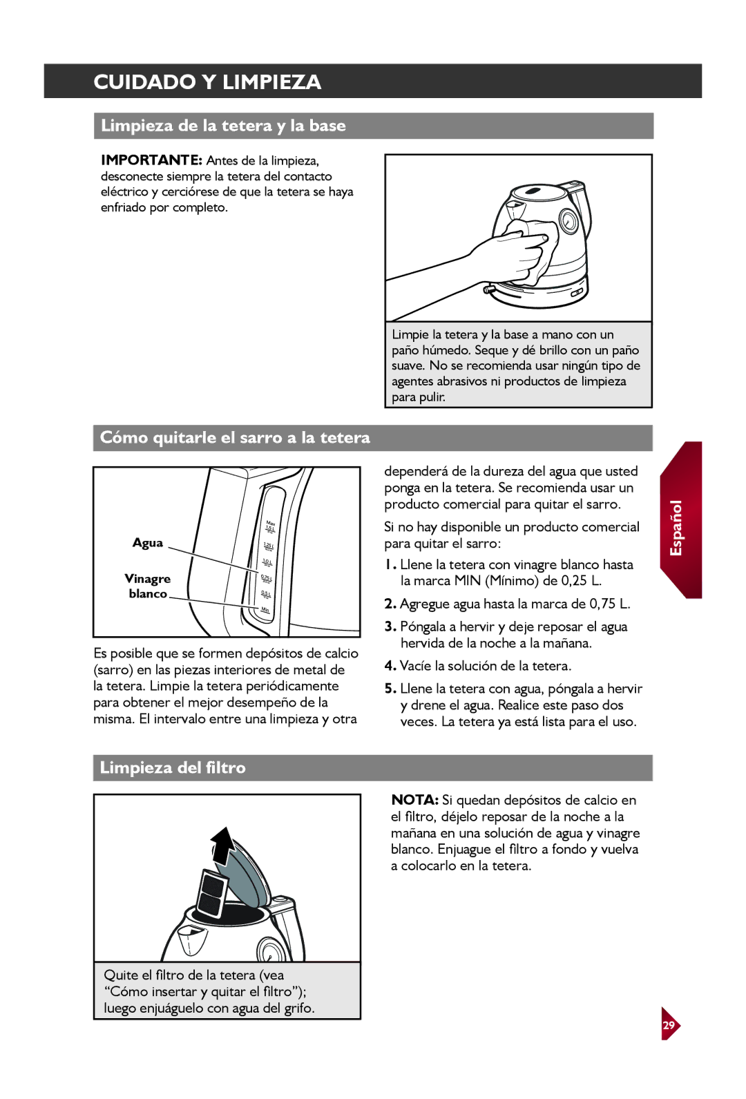 KitchenAid KEK1522 manual Cuidado Y Limpieza, Limpieza de la tetera y la base, Cómo quitarle el sarro a la tetera 