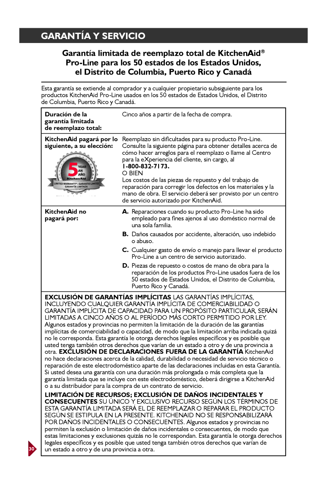 KitchenAid KEK1522 Garantía Y Servicio, De reemplazo total KitchenAid pagará por lo, Siguiente, a su elección, Pagará por 