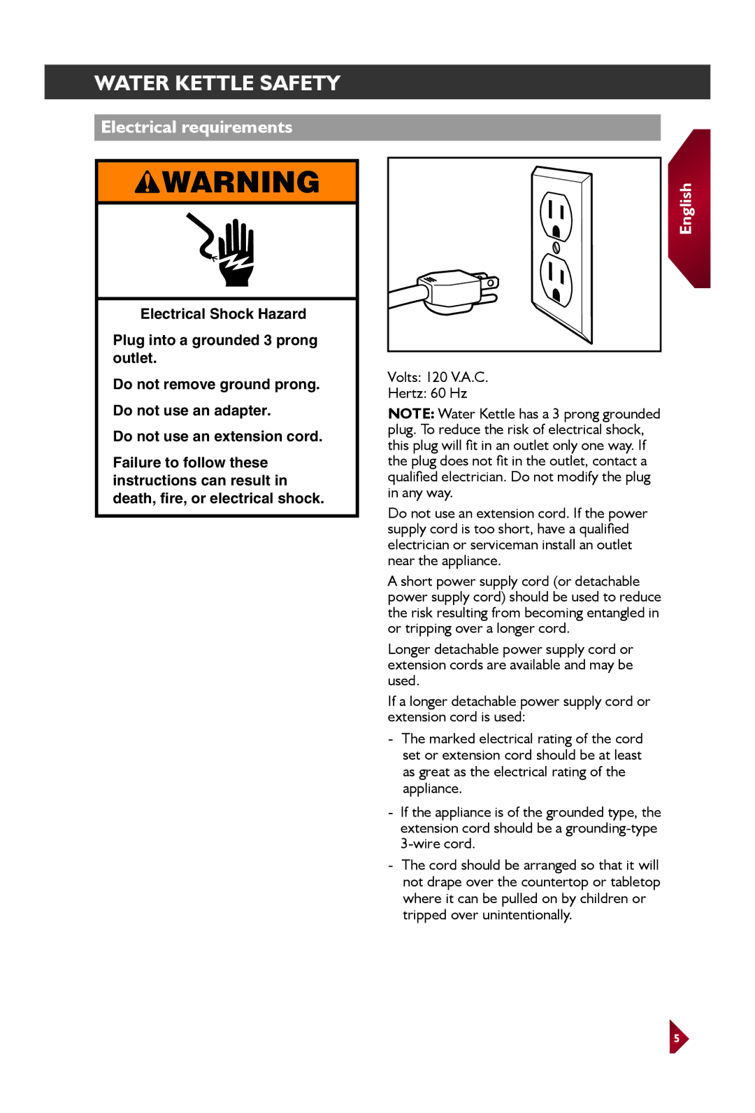 KitchenAid KEK1522 manual Water kettle Safety, Electrical requirements 