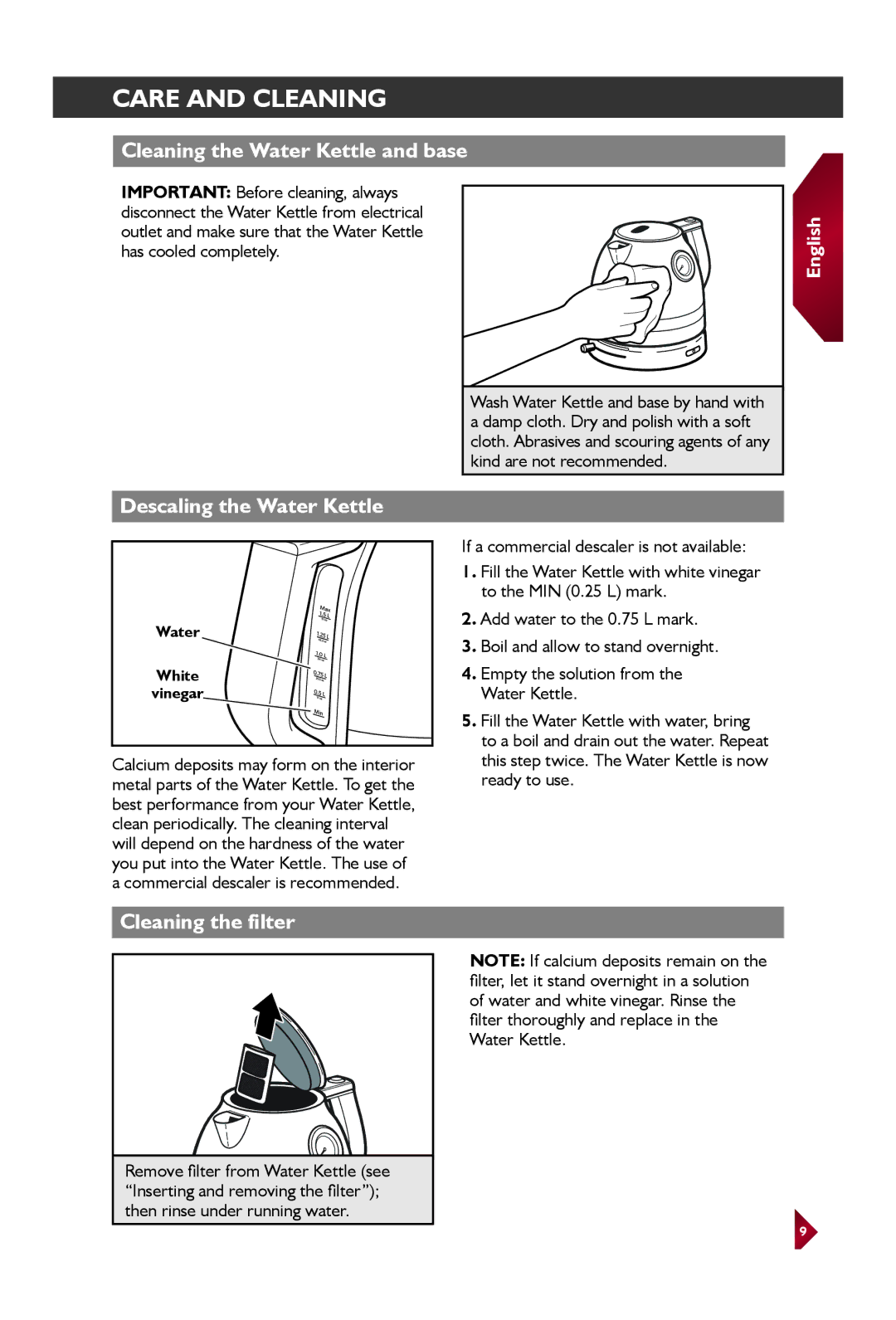 KitchenAid KEK1522 Care and cleaning, Cleaning the Water Kettle and base, Descaling the Water Kettle, Cleaning the filter 