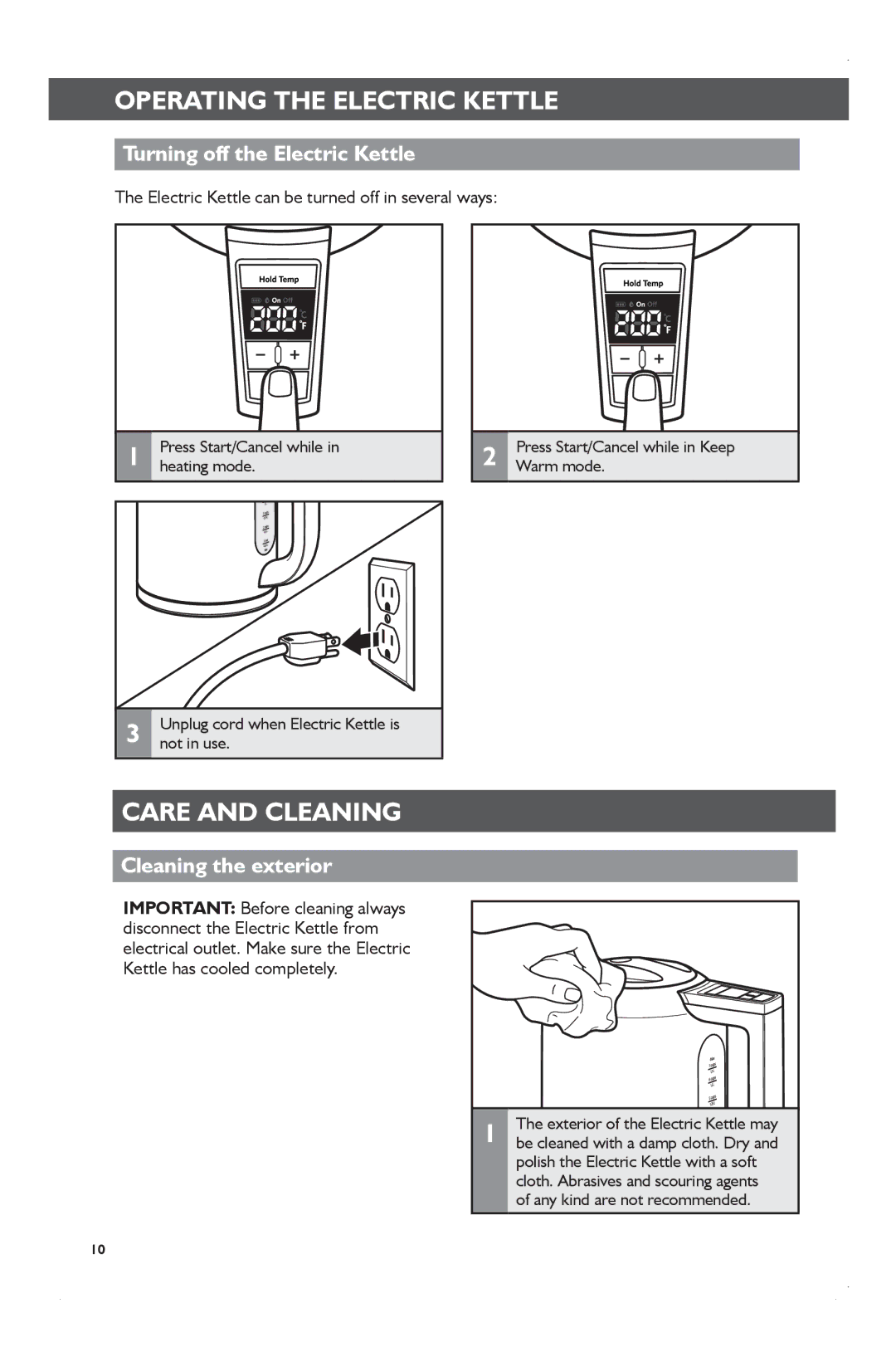 KitchenAid KEK1722 manual Turning off the Electric Kettle, Cleaning the exterior 