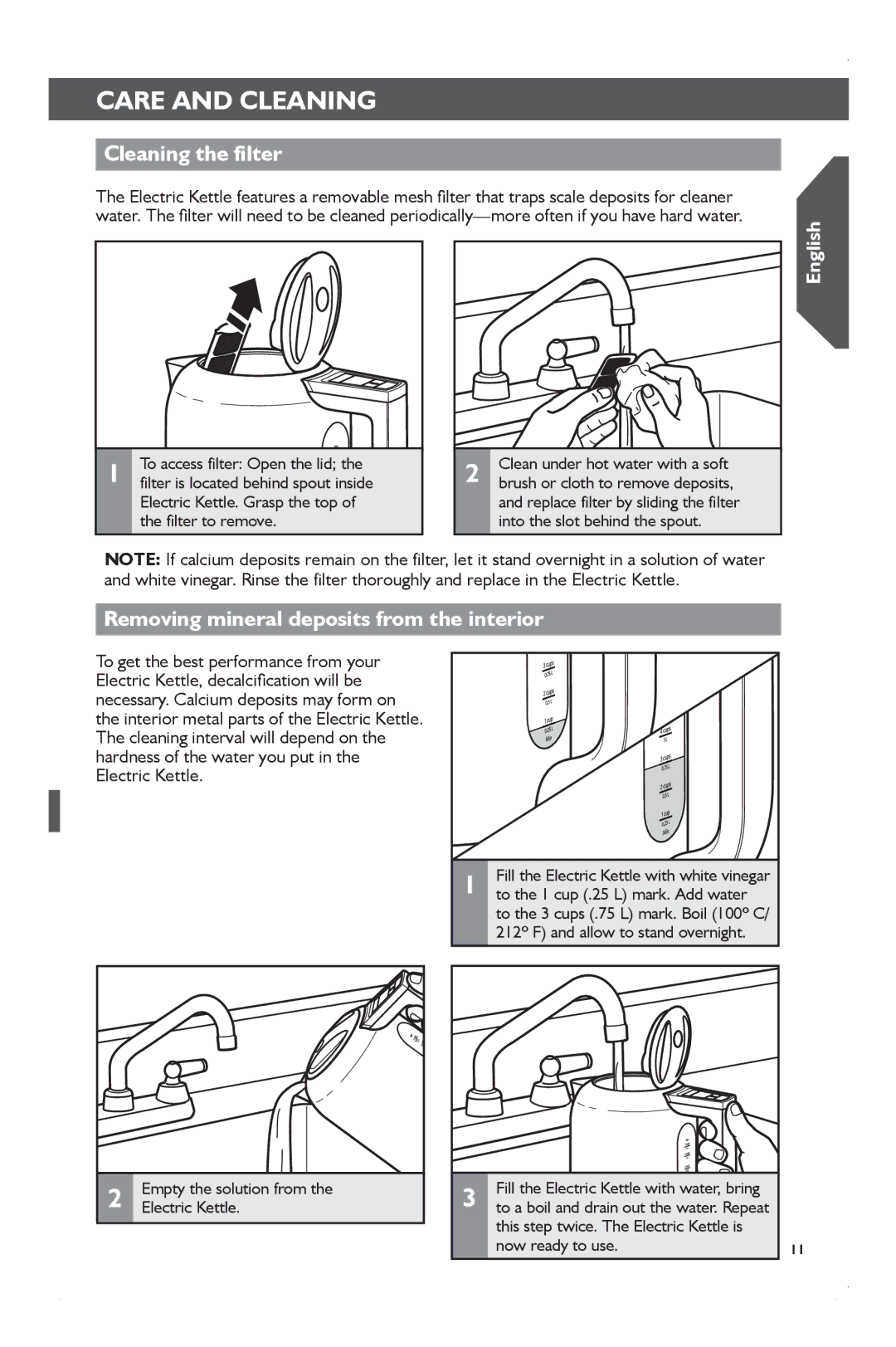 KitchenAid KEK1722 manual Cleaning the filter, Removing mineral deposits from the interior 
