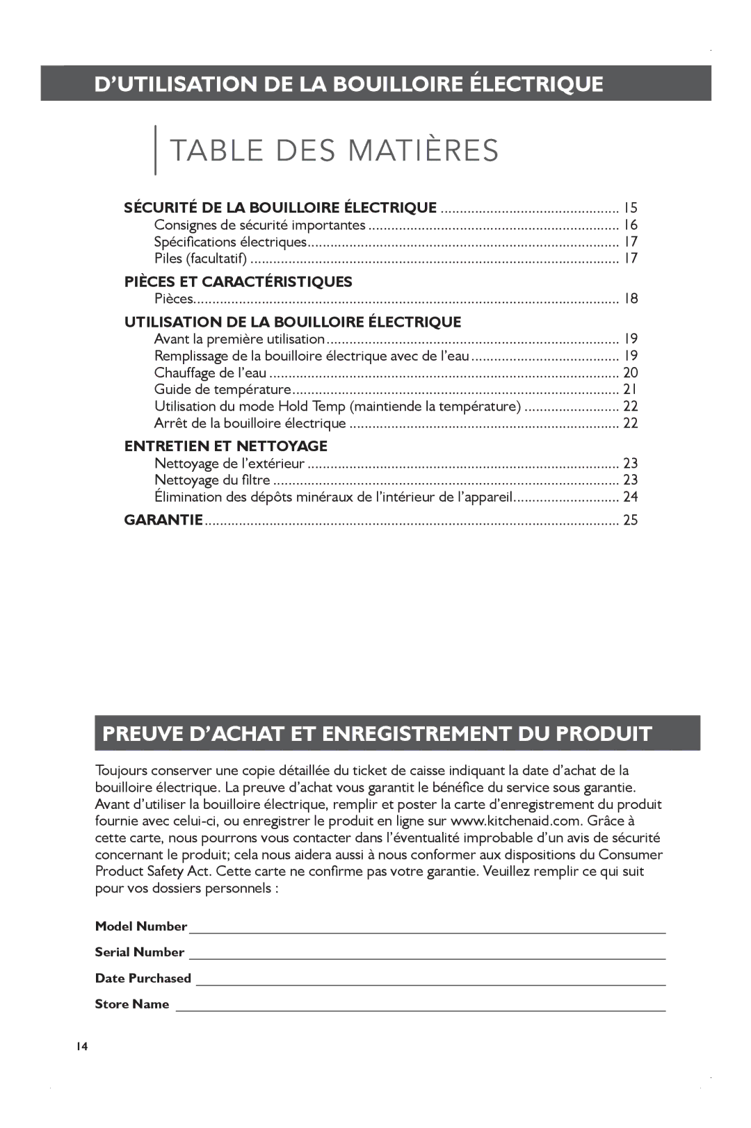 KitchenAid KEK1722 manual ’UTILISATION DE LA Bouilloire Électrique, Preuve D’ACHAT ET Enregistrement DU Produit 