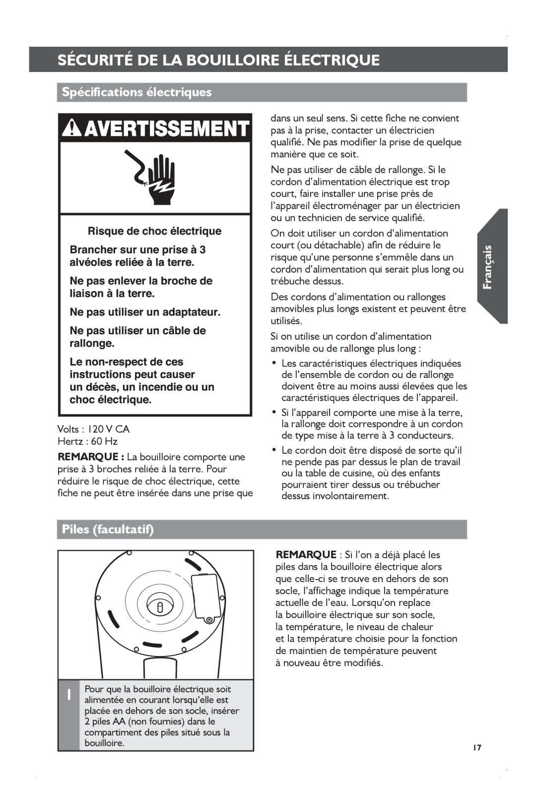 KitchenAid KEK1722 manual Spécifications électriques, Piles facultatif 