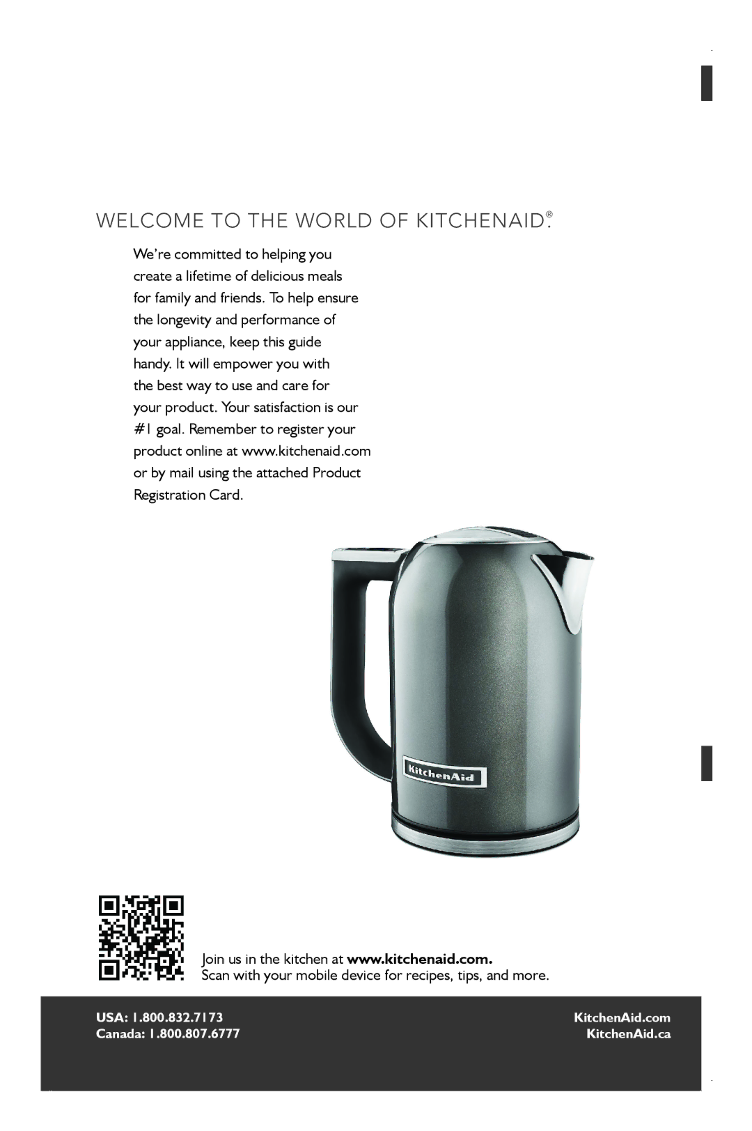 KitchenAid KEK1722 manual Welcome to the world of KitchenAid, Scan with your mobile device for recipes, tips, and more 