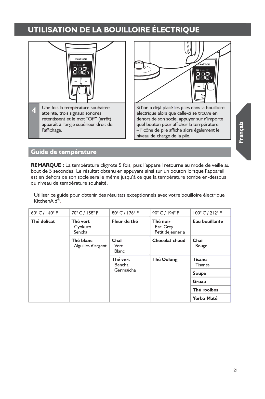 KitchenAid KEK1722 manual Guide de température 