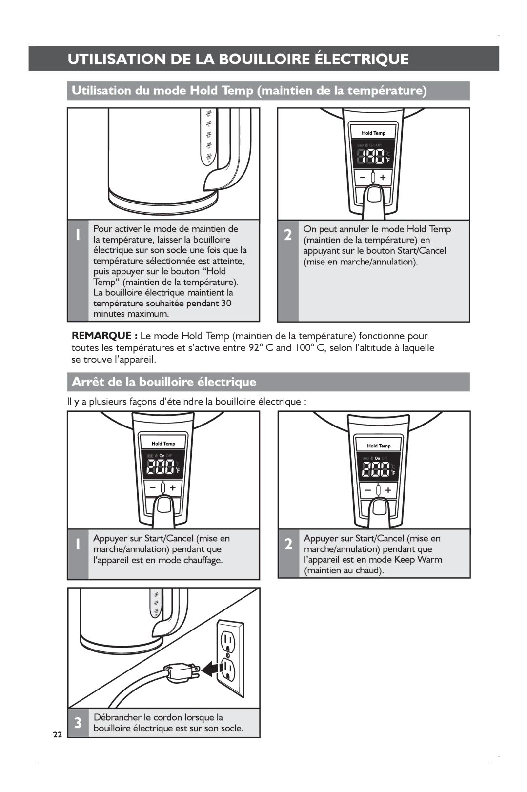 KitchenAid KEK1722 manual Utilisation du mode Hold Temp maintien de la température, Arrrêt de la bouilloire électrique 