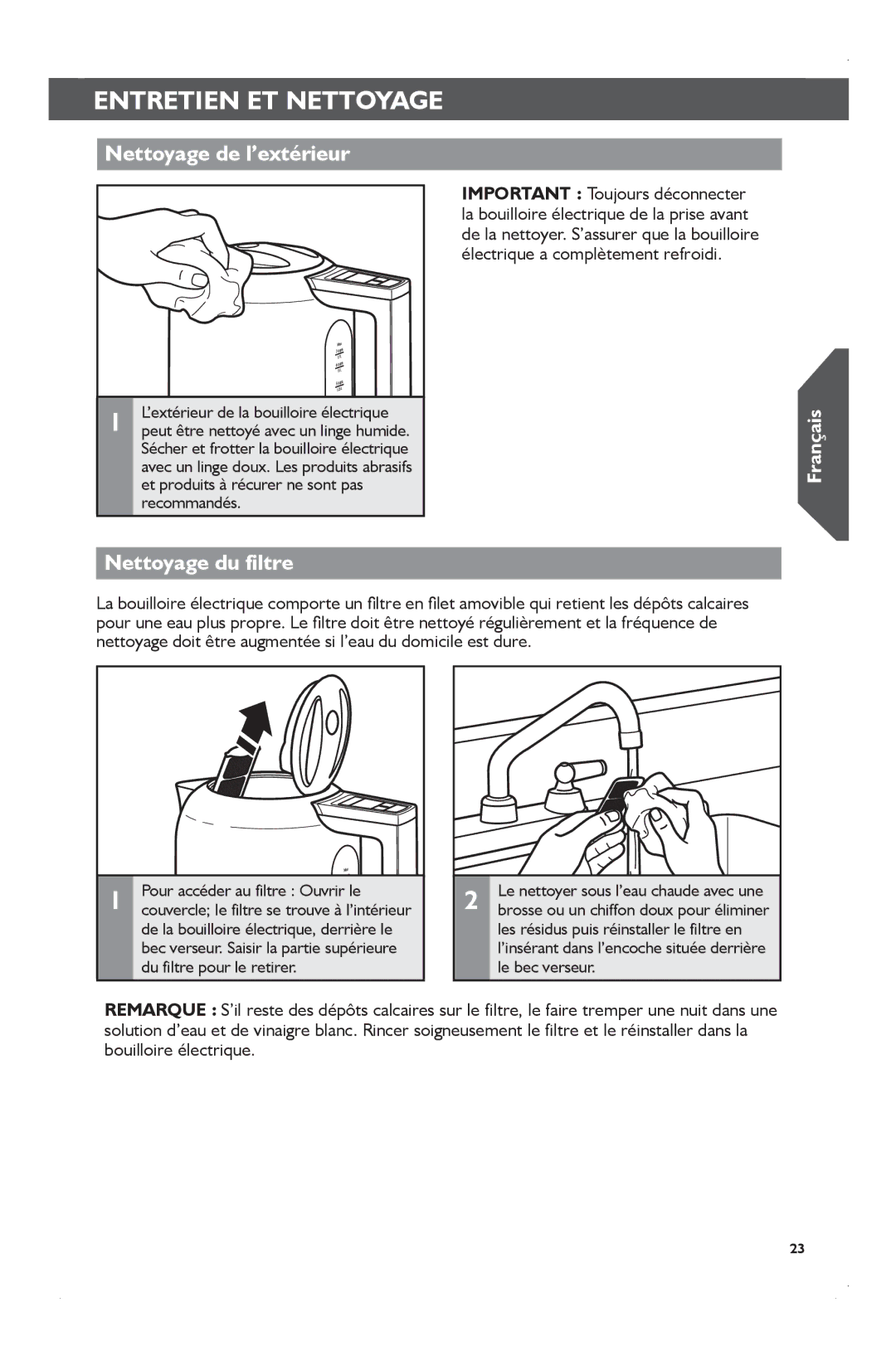 KitchenAid KEK1722 manual Entretien ET Nettoyage, Nettoyage de l’extérieur, Nettoyage du filtre 