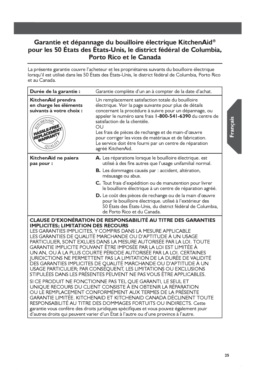 KitchenAid KEK1722 Durée de la garantie, KitchenAid prendra, En charge les éléments, Suivants à votre choix, Pas pour 