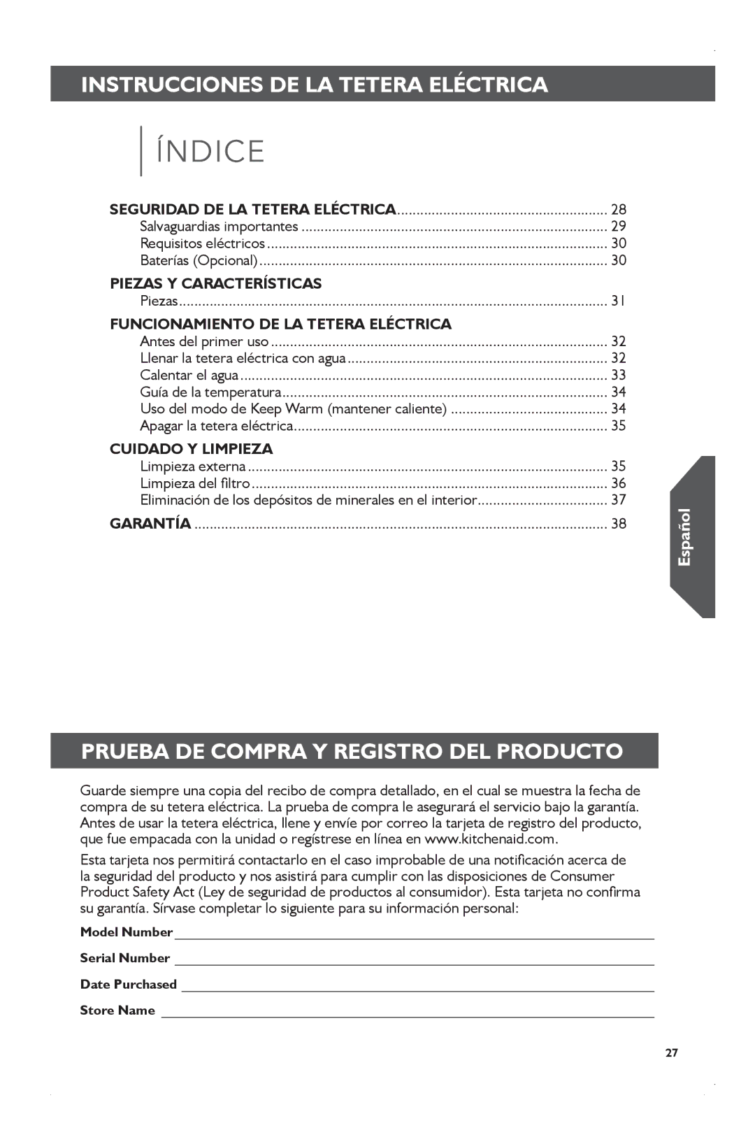 KitchenAid KEK1722 manual Instrucciones DE LA Tetera Eléctrica, Prueba DE Compra Y Registro DEL Producto, Del filtro 