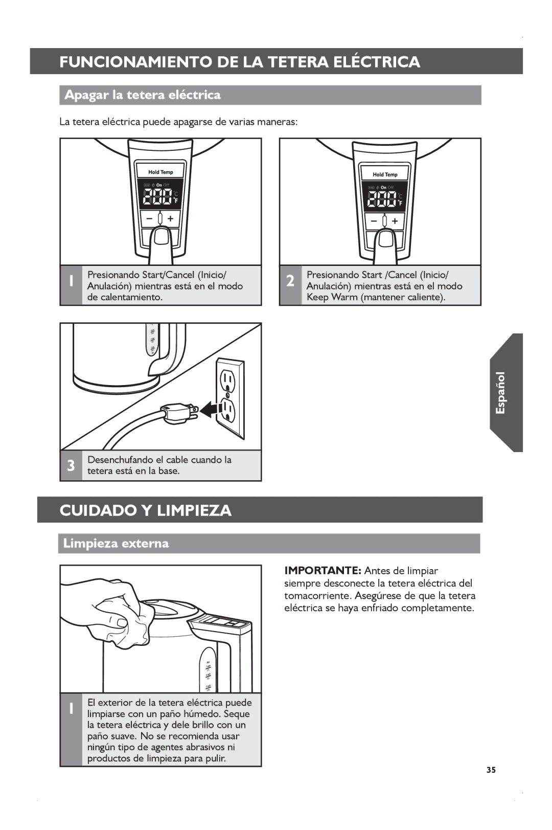 KitchenAid KEK1722 manual Cuidado Y Limpieza, Apagar la tetera eléctrica, Limpieza externa 