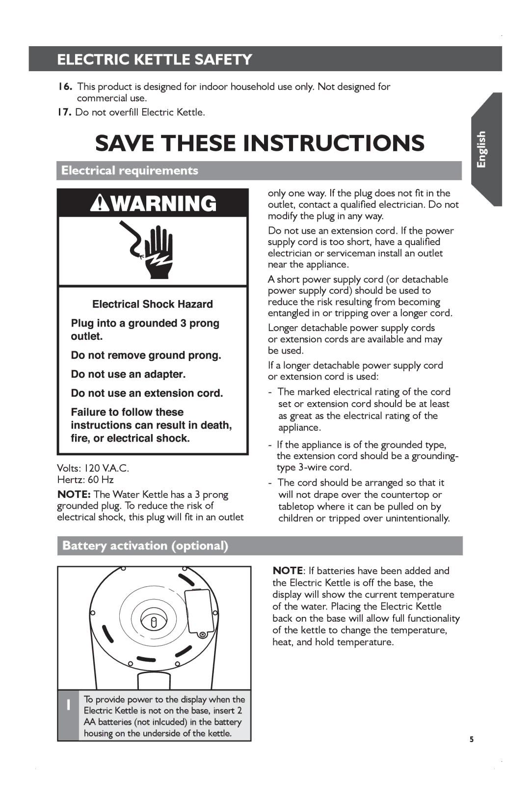 KitchenAid KEK1722 manual Electrical requirements, Battery activation optional 