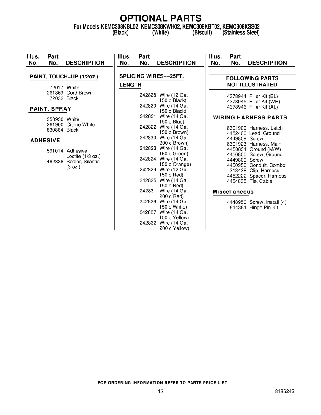 KitchenAid KEMC308KBT02, KEMC308KSS02, KEMC308KBL02, KEMC308KWH02 manual Optional Parts 