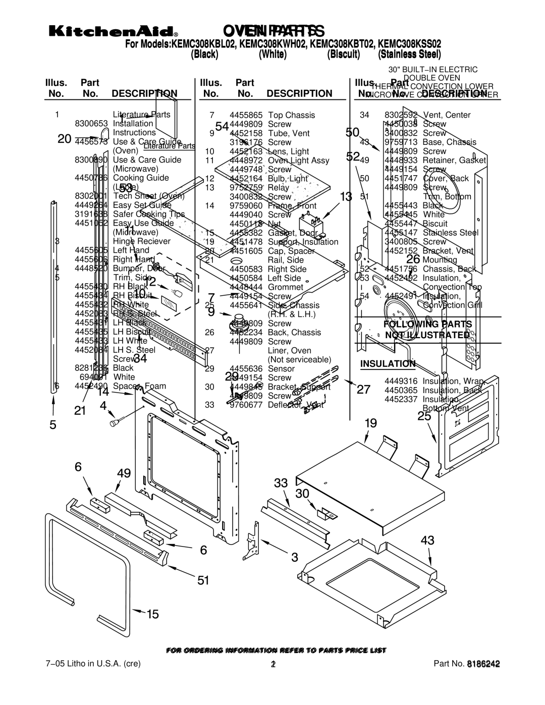 KitchenAid KEMC308KBL02, KEMC308KBT02, KEMC308KSS02, KEMC308KWH02 manual Oven Parts, Illus. Part No. No. Description 