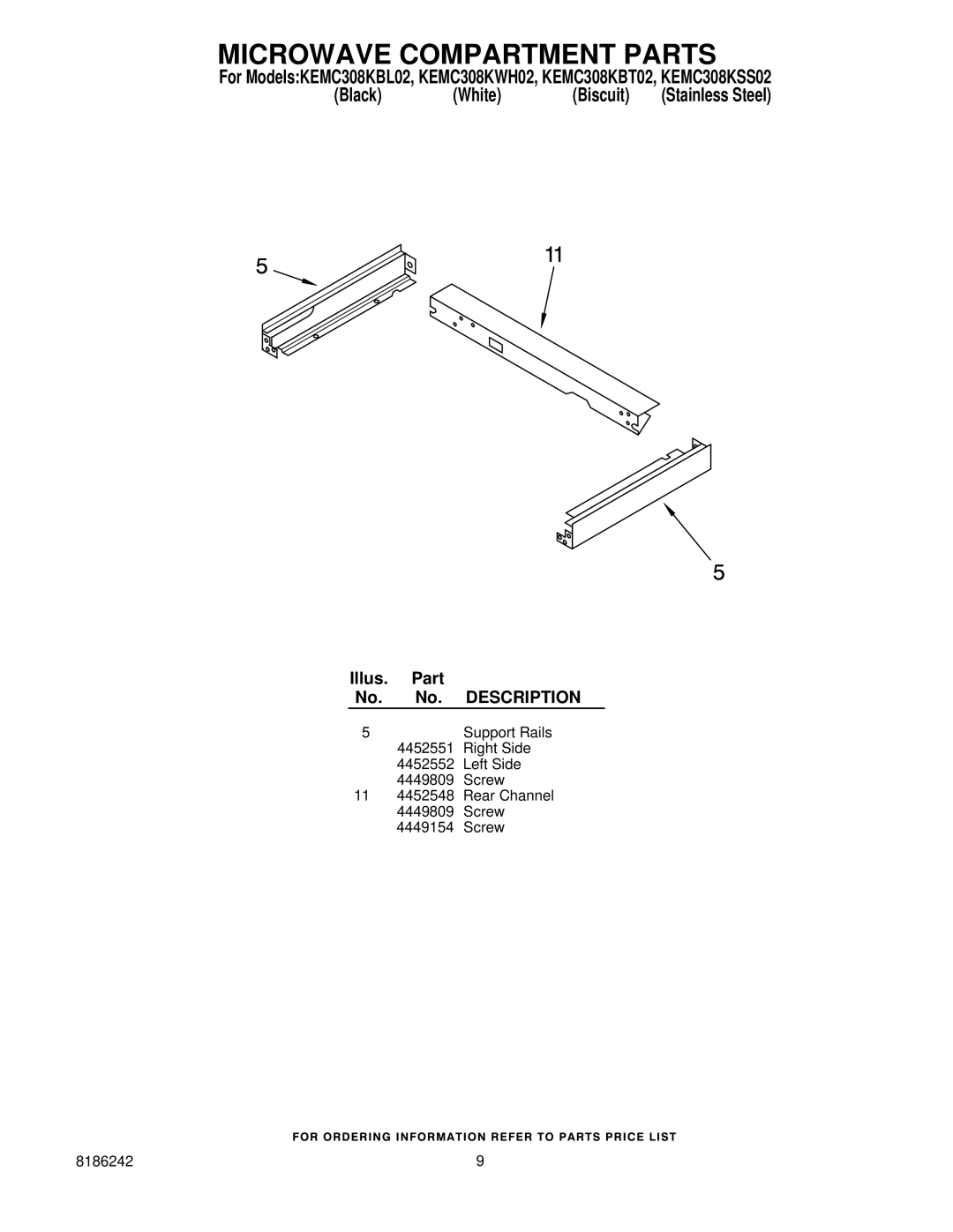 KitchenAid KEMC308KSS02, KEMC308KBT02, KEMC308KBL02, KEMC308KWH02 manual Microwave Compartment Parts, Description 