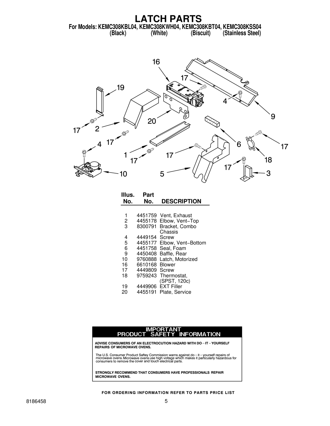 KitchenAid KEMC308KSS04, KEMC308KBT04, KEMC308KBL04, KEMC308KWH04 manual Latch Parts 