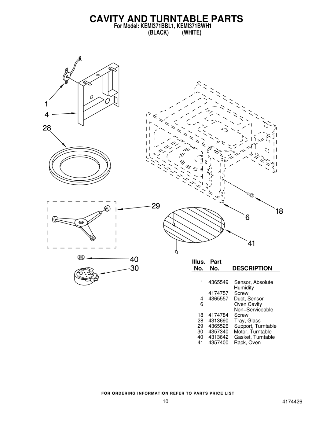 KitchenAid KEMI371BBL1, KEMI371BWH1 manual Cavity and Turntable Parts, Description 