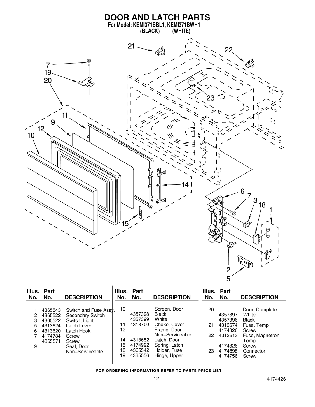 KitchenAid KEMI371BBL1, KEMI371BWH1 manual Door and Latch Parts 