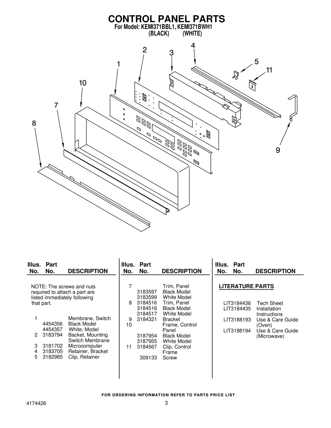 KitchenAid KEMI371BWH1, KEMI371BBL1 manual Control Panel Parts, Literature Parts 