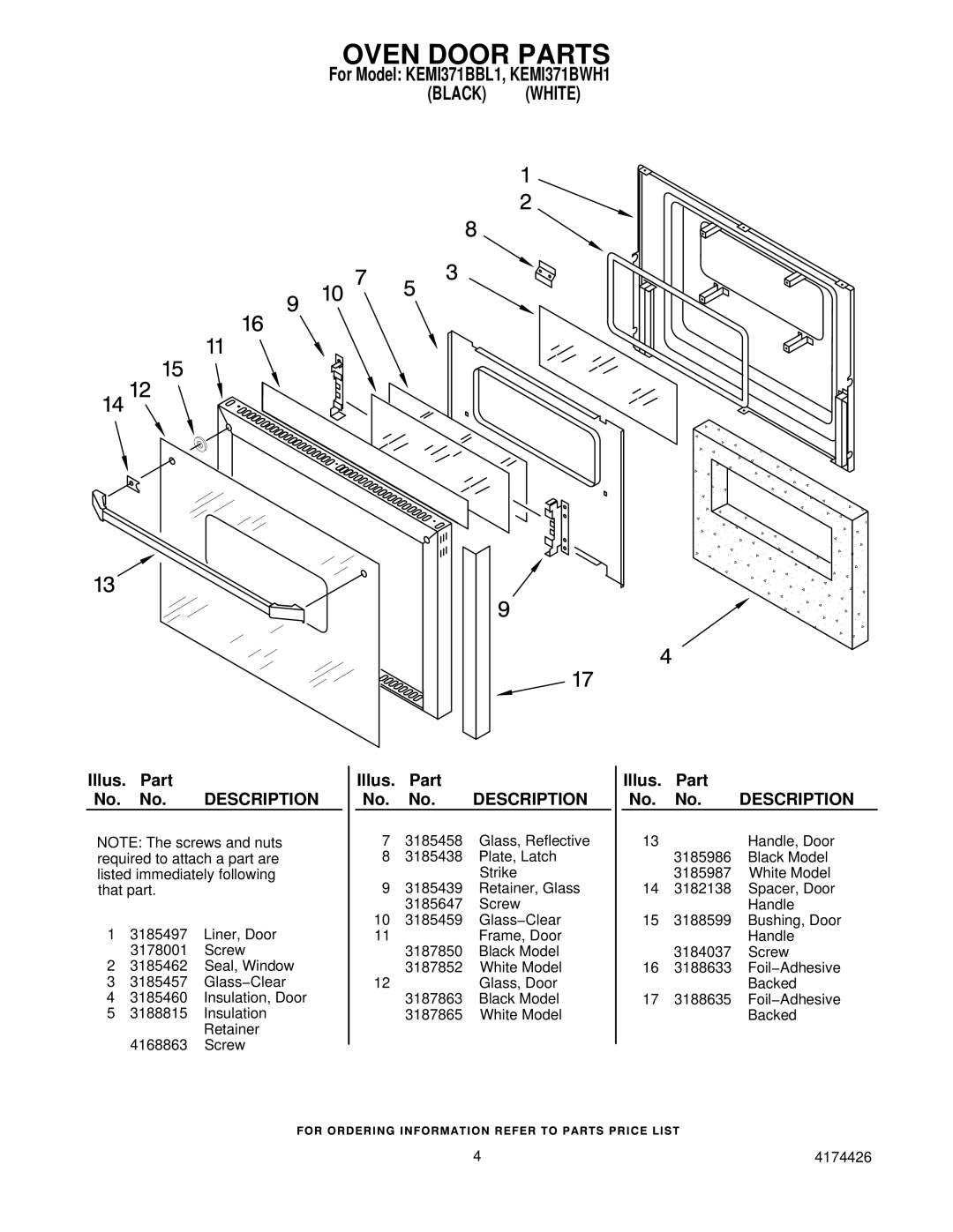 KitchenAid KEMI371BBL1, KEMI371BWH1 manual Oven Door Parts 