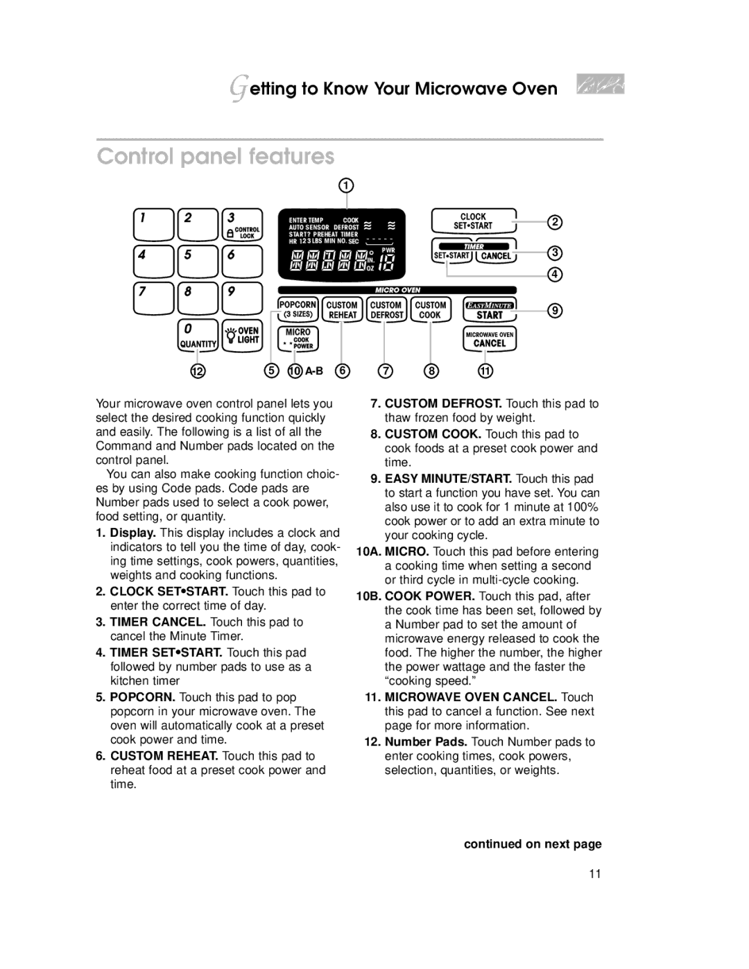 KitchenAid KEMI301G, KEMI371G warranty Control panel features, On next 