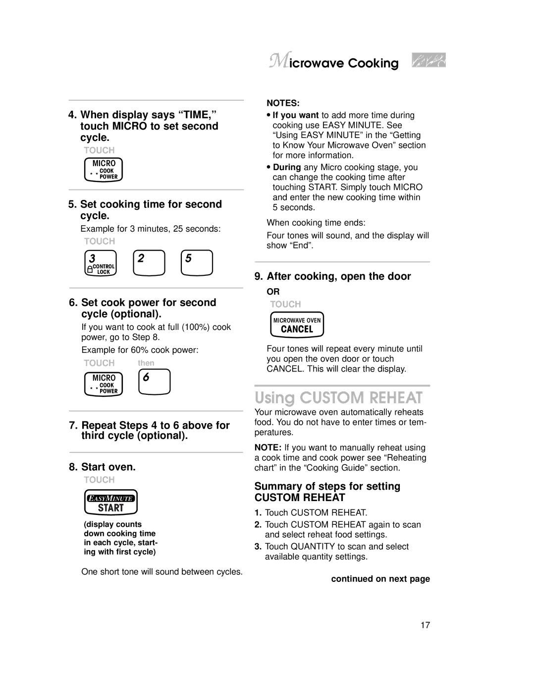 KitchenAid KEMI301G, KEMI371G warranty Using Custom Reheat, When display says TIME, touch Micro to set second cycle 