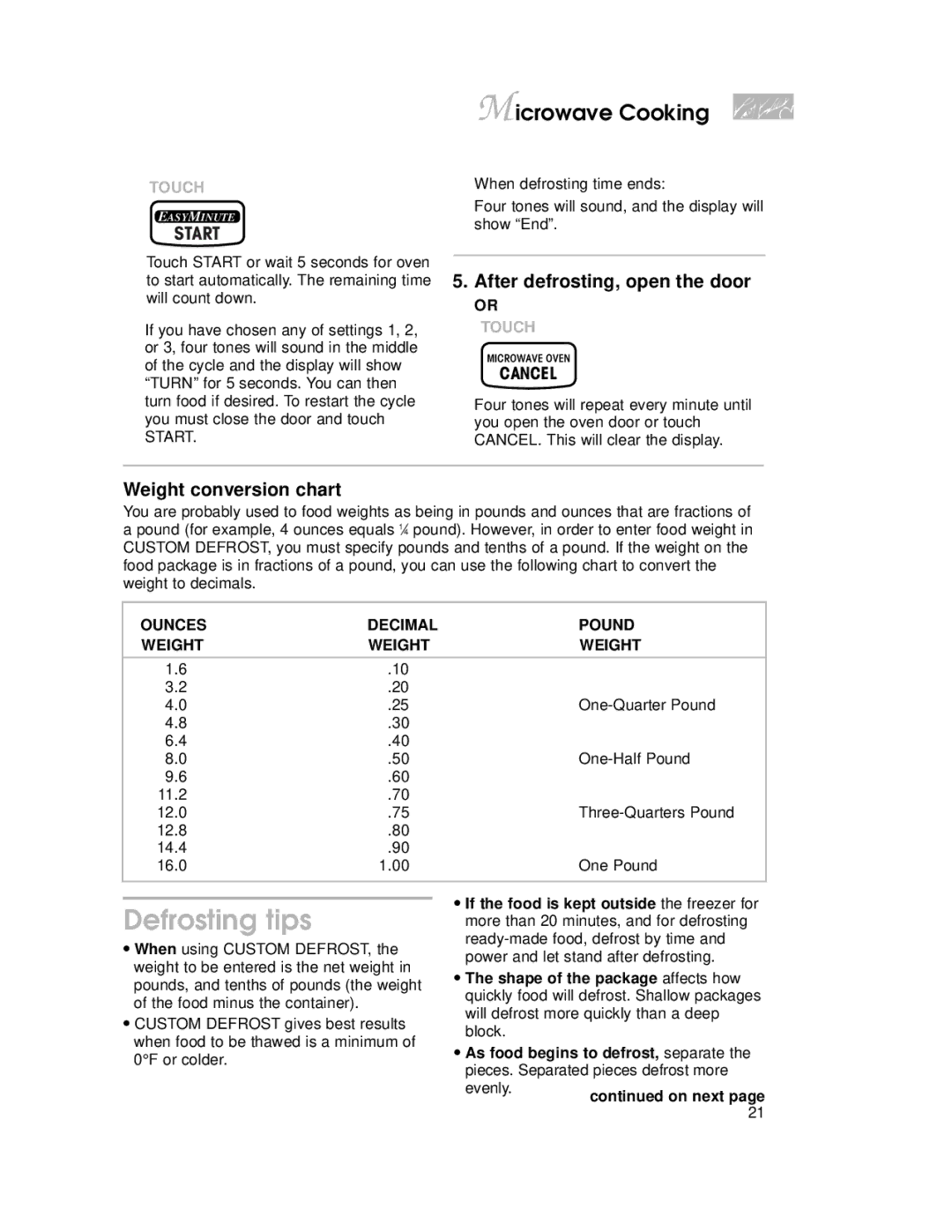 KitchenAid KEMI301G Defrosting tips, After defrosting, open the door, Weight conversion chart, Ounces Decimal Pound Weight 