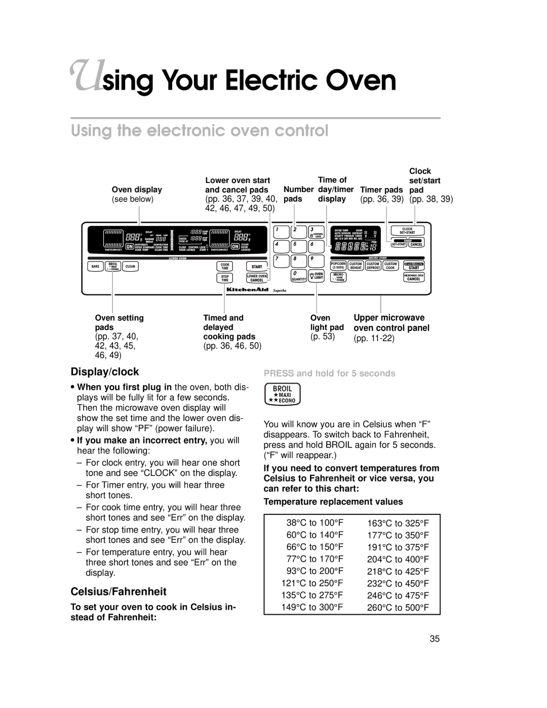 KitchenAid KEMI301G warranty Using Your Electric Oven, Using the electronic oven control, Display/clock, Celsius/Fahrenheit 