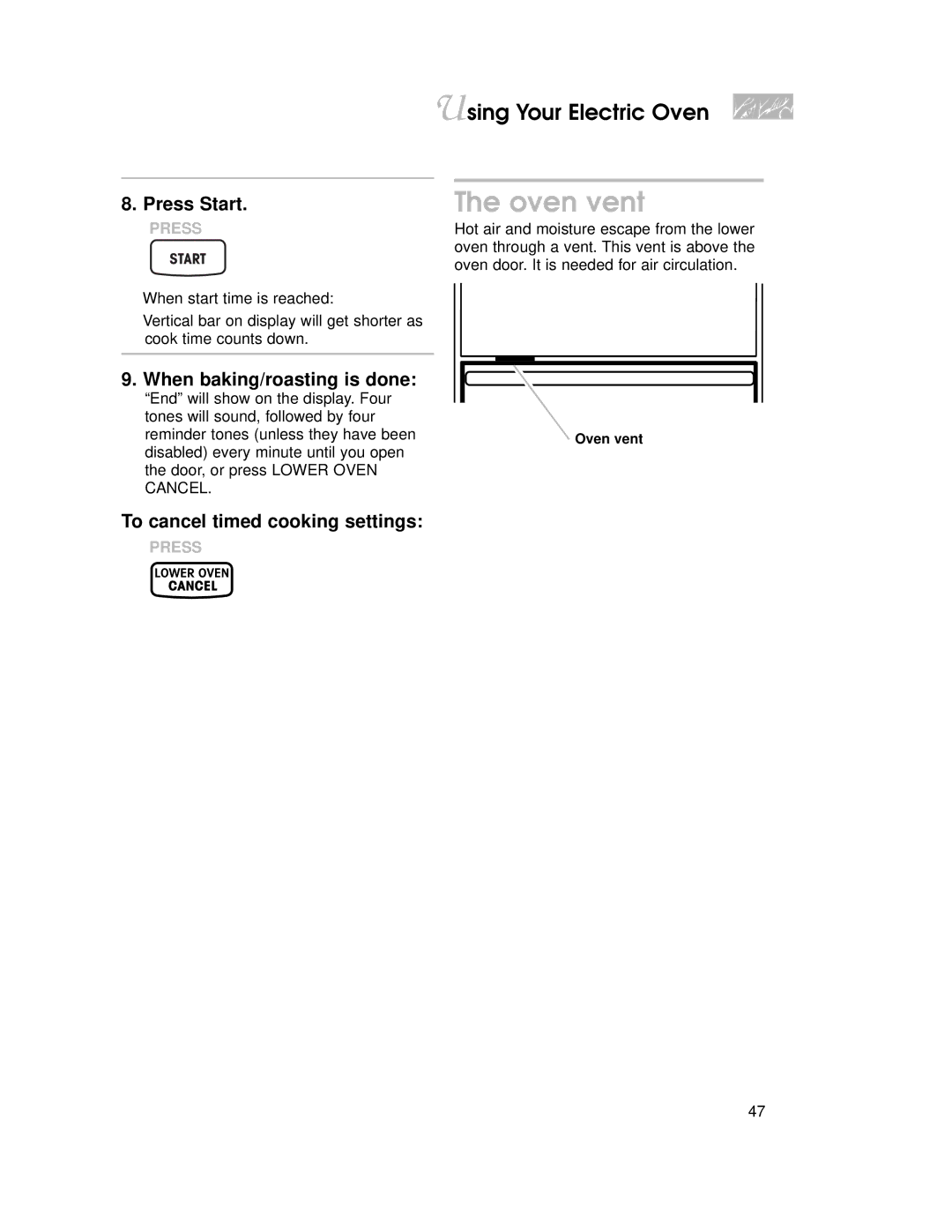 KitchenAid KEMI301G, KEMI371G warranty Oven vent, To cancel timed cooking settings 