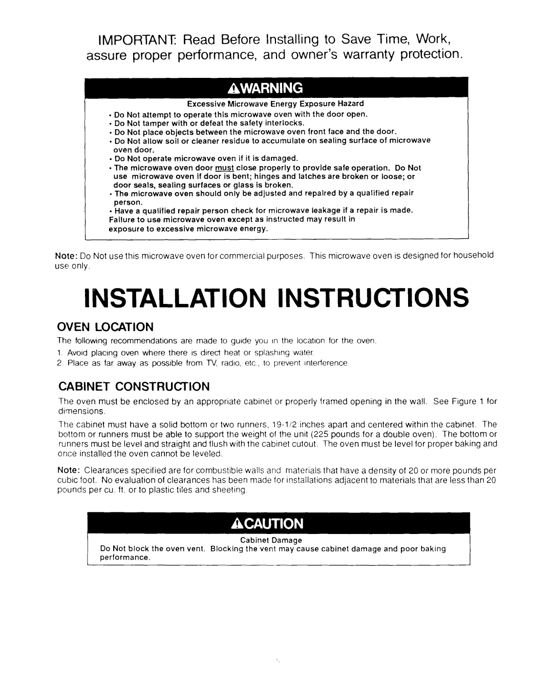 KitchenAid KECO-375MS, KEMS 375, KEMS 376, KECO-376MCS, KEMI 377, CMO-2743 Oven Location, Cabinet Construction 