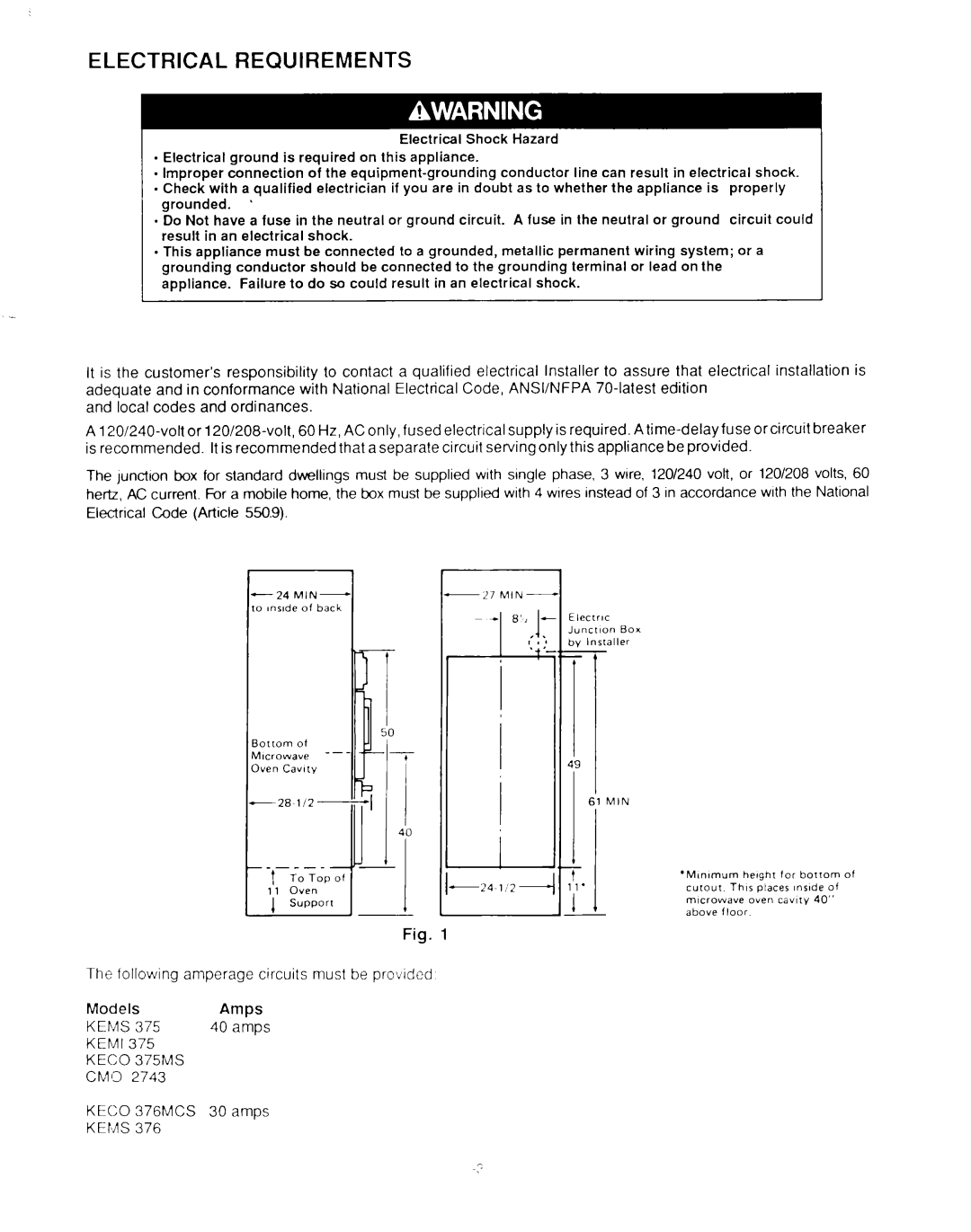 KitchenAid KECO-376MCS, KEMS 375, KEMS 376, KECO-375MS, KEMI 377, CMO-2743 installation instructions Electrical Requirements 