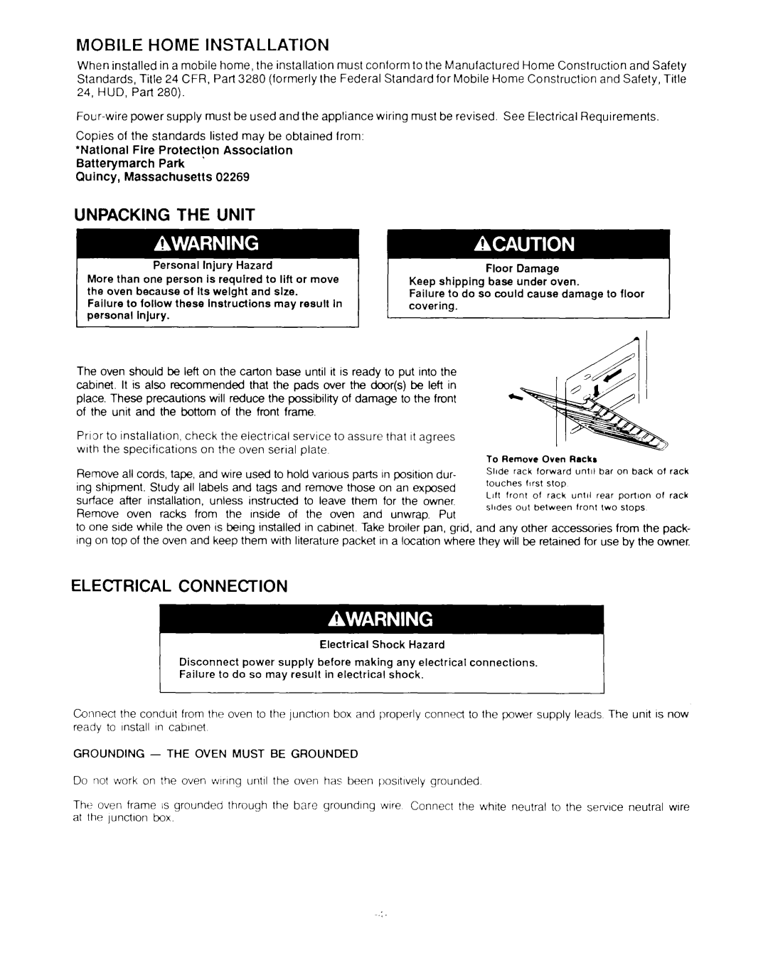 KitchenAid KEMI 377, KEMS 375, KEMS 376, KECO-375MS, KECO-376MCS, CMO-2743 Mobile Home Installation, Unpacking the Unit 