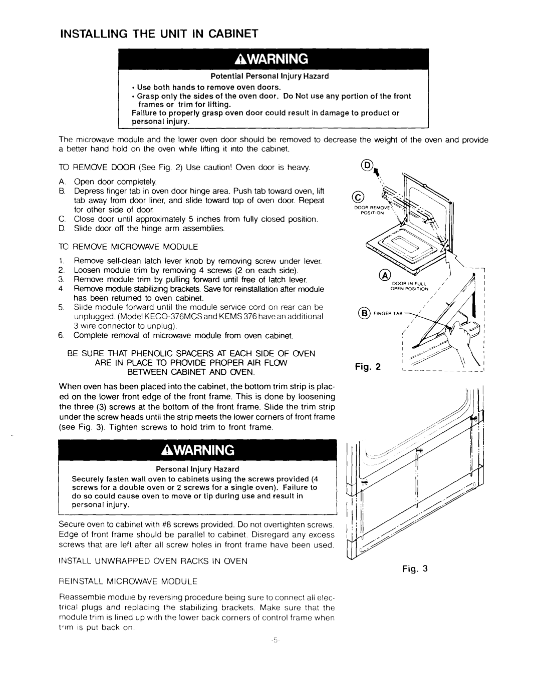 KitchenAid CMO-2743, KEMS 375, KEMS 376, KECO-375MS, KECO-376MCS Installing the Unit in Cabinet, TC Remove Microwave Module 