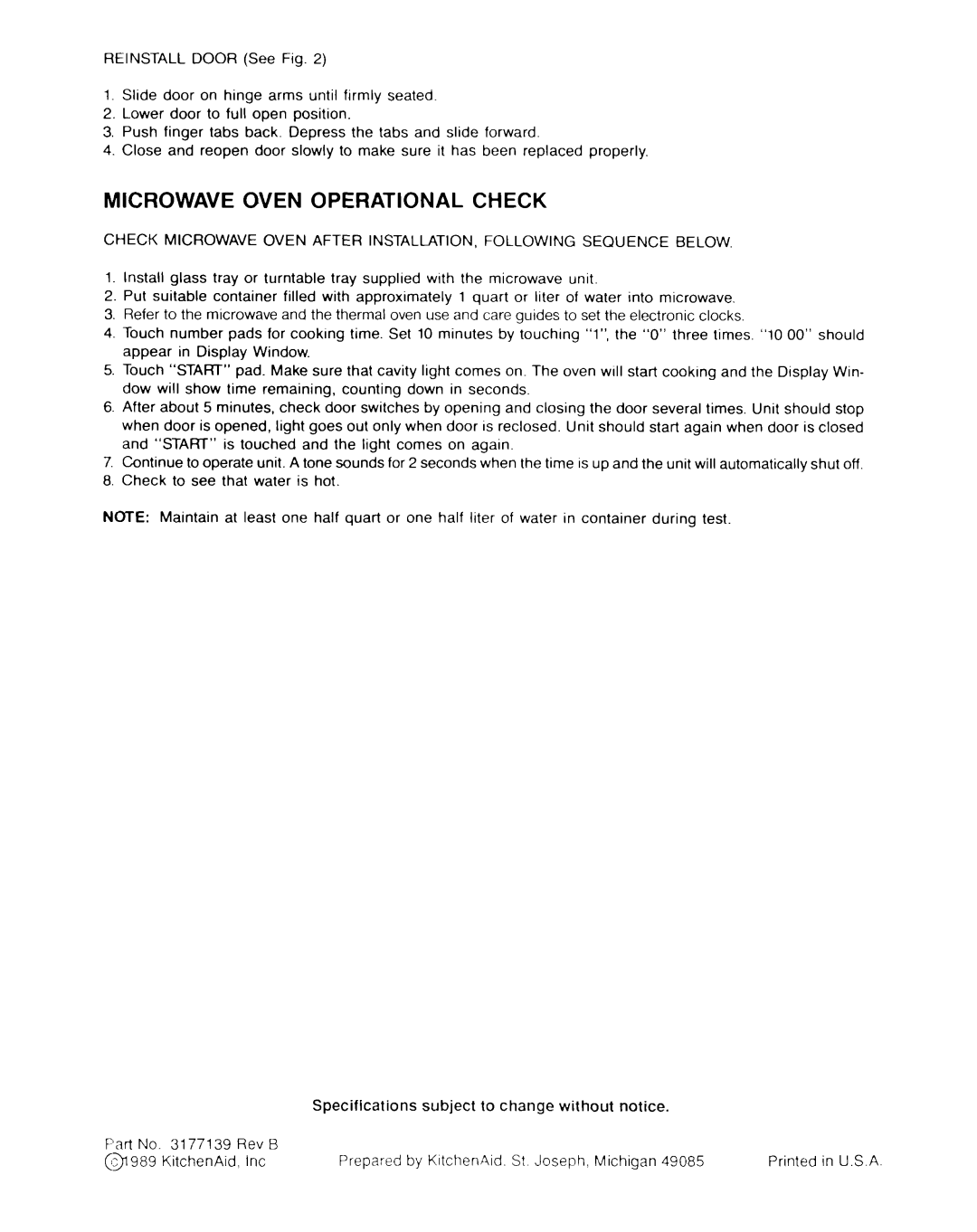 KitchenAid KEMS 375, KEMS 376, KECO-375MS, KECO-376MCS, KEMI 377, CMO-2743 Microwave Oven Operational Check 