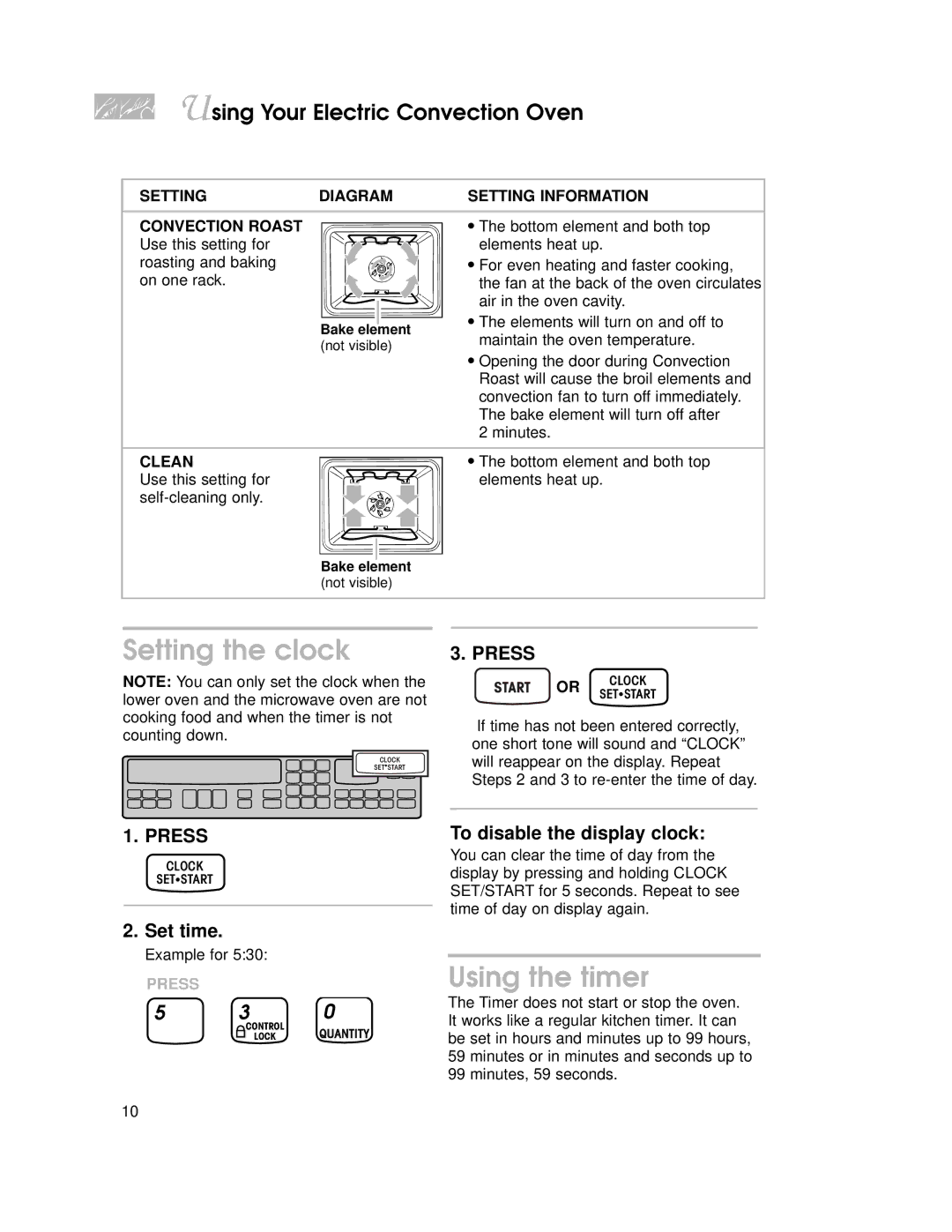 KitchenAid KEMS307, KEMS308, KEMS378, KEMS377 Setting the clock, Using the timer, Set time, To disable the display clock 