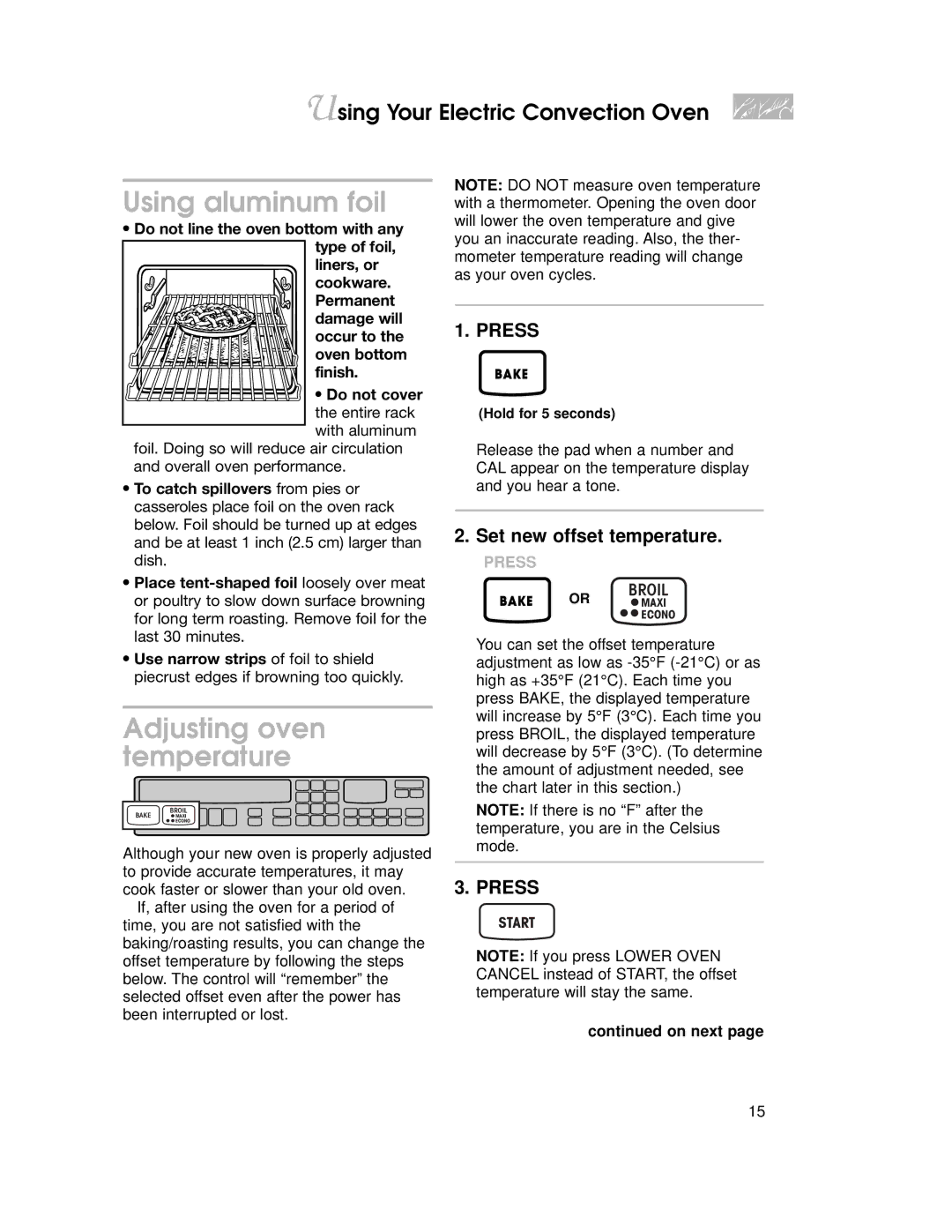 KitchenAid KEMS378, KEMS308, KEMS377, KEMS307 Using aluminum foil, Adjusting oven temperature, Set new offset temperature 